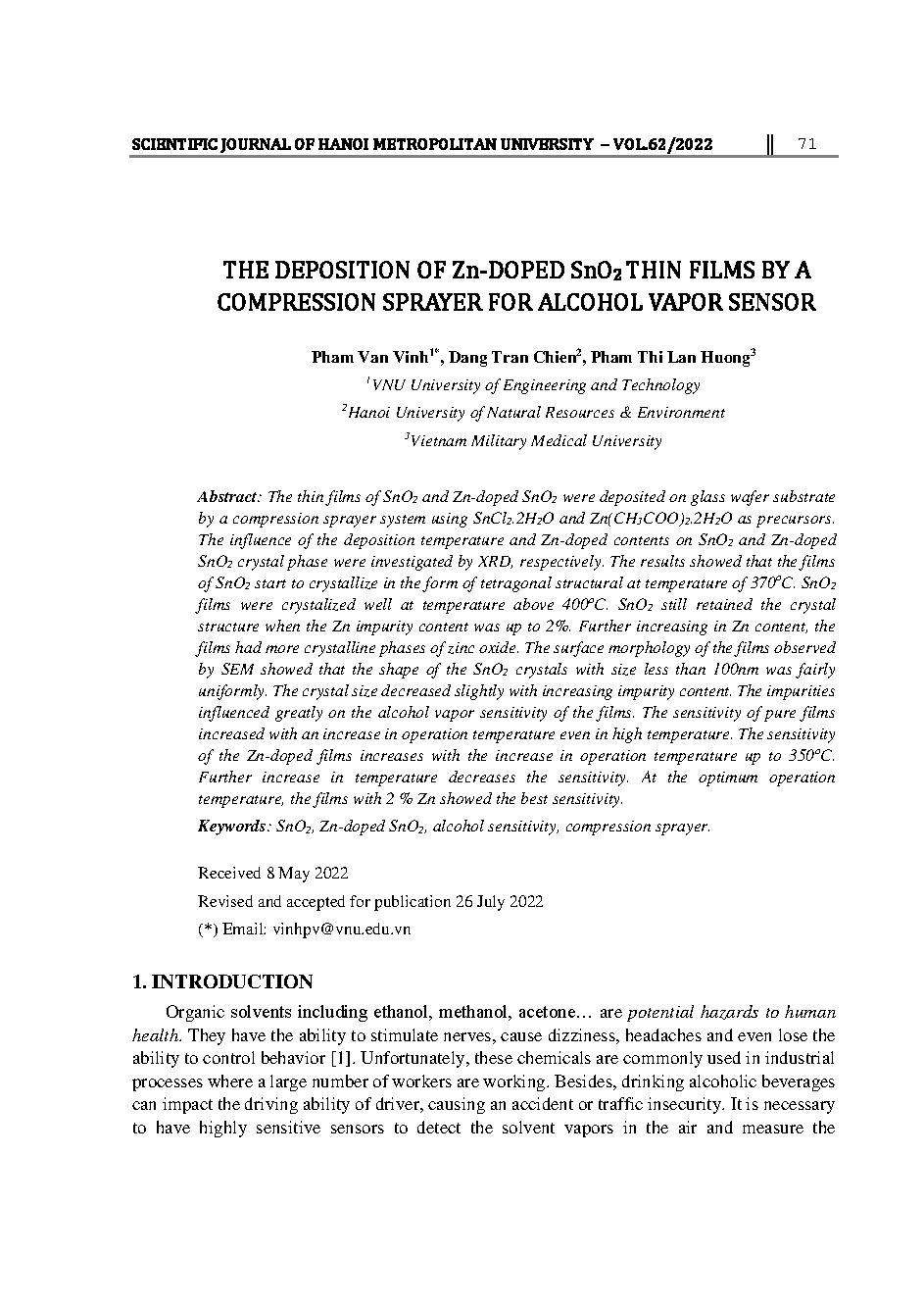 Chế tạo màng mỏng SnO2 pha tạp Zn bằng phương pháp phun áp suất ứng dụng cho cảm biến nhạy hơi cồn = The deposition of Zn-doped SnO2 thin films by a compression sprayer for alcohol vapor sensor