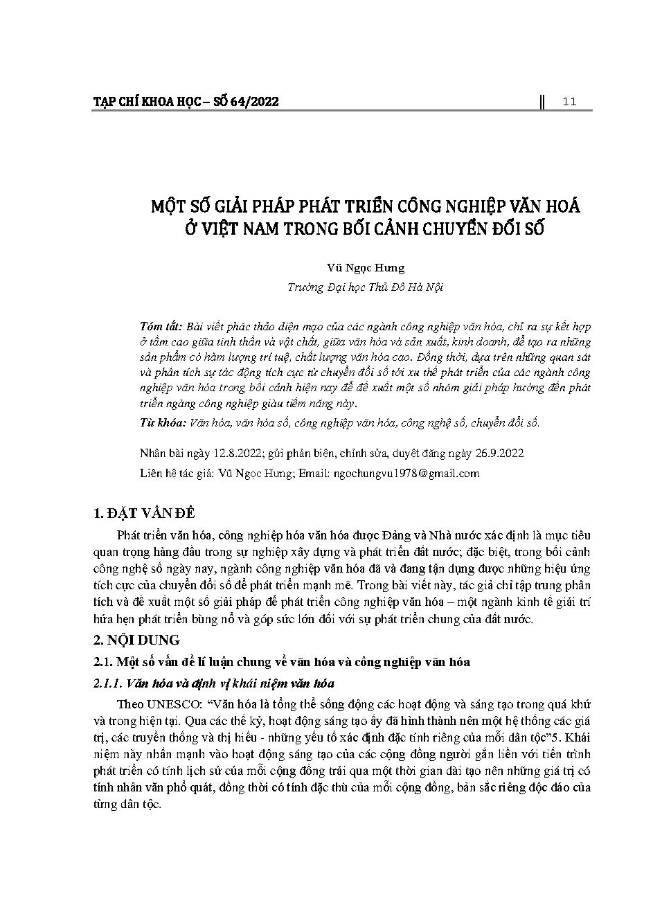 Một số giải pháp phát triển công nghiệp văn hoá ở Việt Nam trong bối cảnh chuyển đổi số = Some solutions to develope culture industry in Vietnam in the context of digital transformation