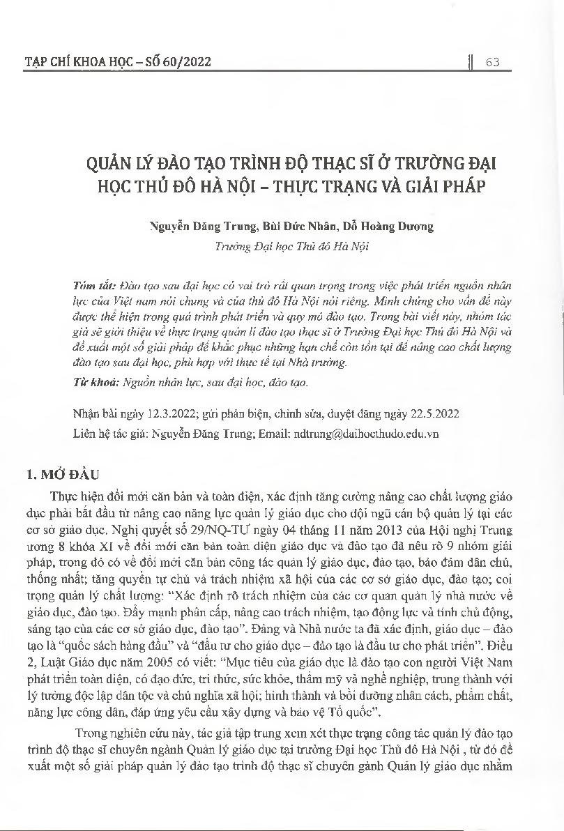 Quản lý đào tạo trình độ thạc sĩ ở trường Đại học Thủ đô Hà Nội - Thực trạng và giải pháp = The management of graduate training at Hanoi Metropolitan University: The situation and solution