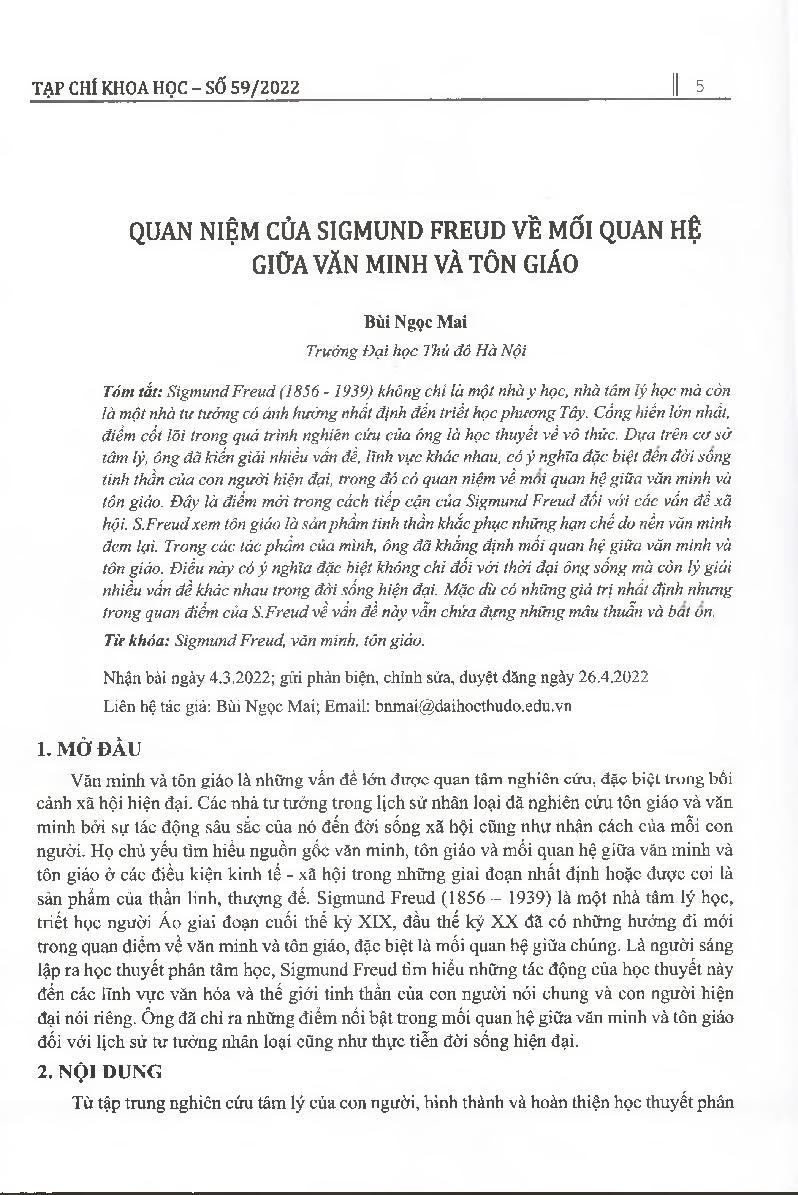 Quan niệm của Sigmund Freud về mối quan hệ giữa văn minh và tôn giáo = SigmundFreud’s conception ofcivilization and religion
