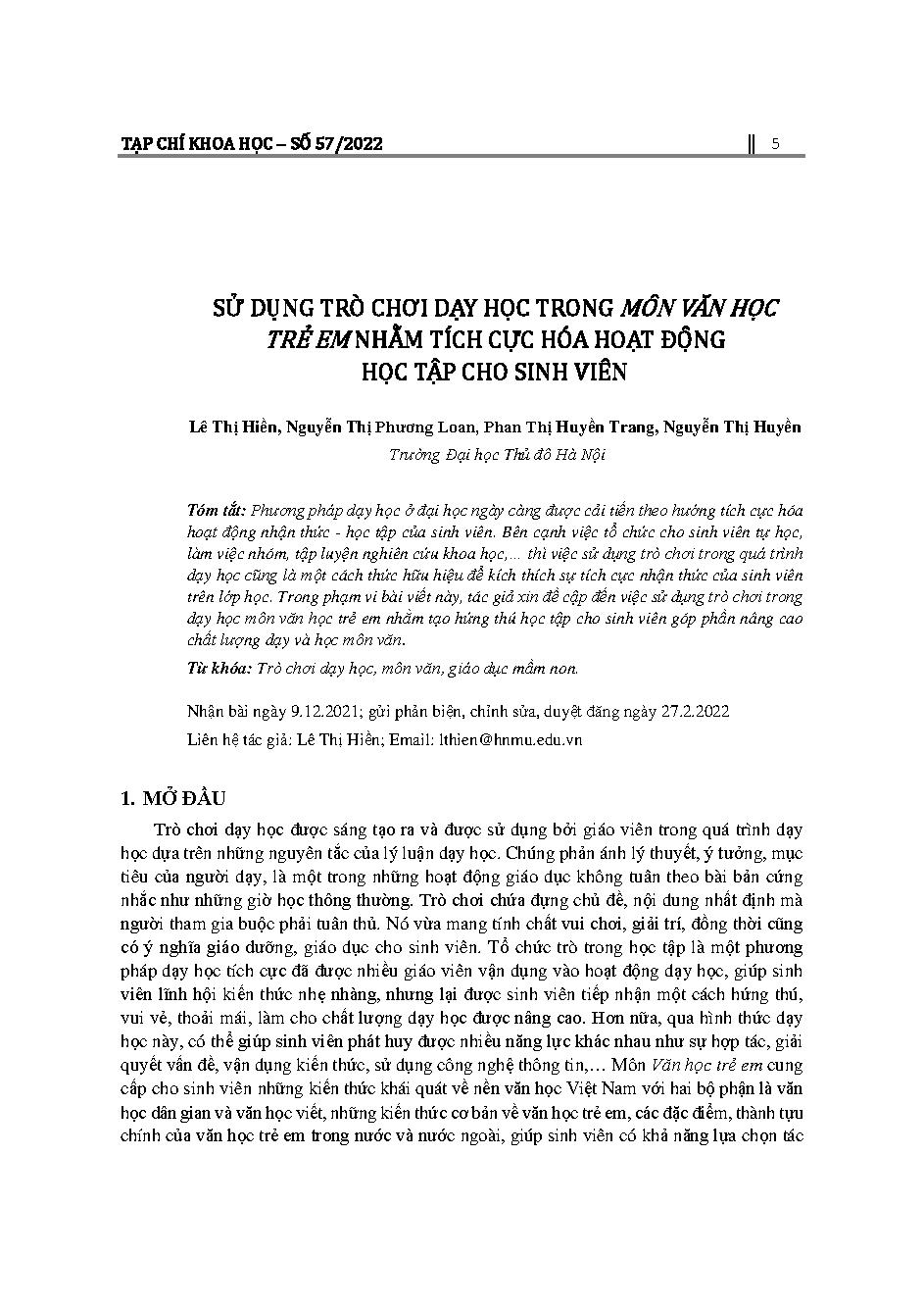 Sử dụng trò chơi dạy học trong môn văn học trẻ em nhằm tích cực hóa hoạt động học tập cho sinh viên = Using games in teaching literature for children to improvethe positivity in student’slearning activities