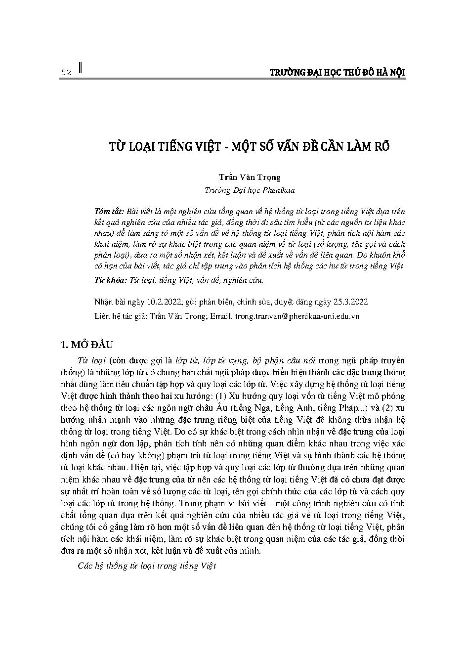 Từ loại tiếng Việt - một số vấn đề cần làm rõ = A study on issues of Vietnamese word classification