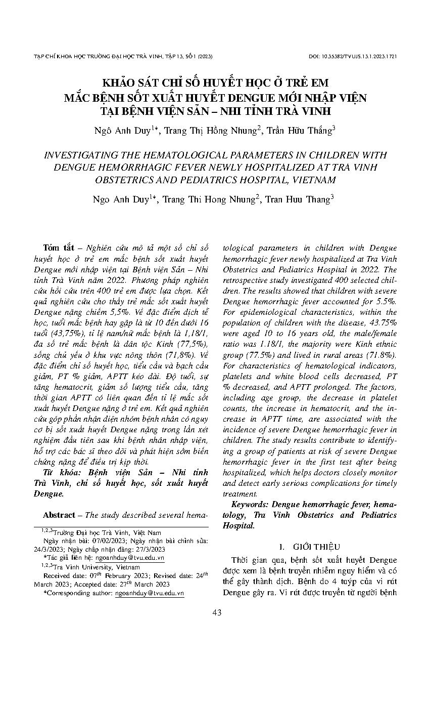 Khảo sát chỉ số huyết học ở trẻ em mắc bệnh sốt xuất huyết dengue mới nhập viện tại Bệnh viện sản – nhi tỉnh Trà Vinh = Investigating the hematological parameters in children with dengue hemorrhagic fever newly hospitalized at Tra Vinh obstetrics and pedi