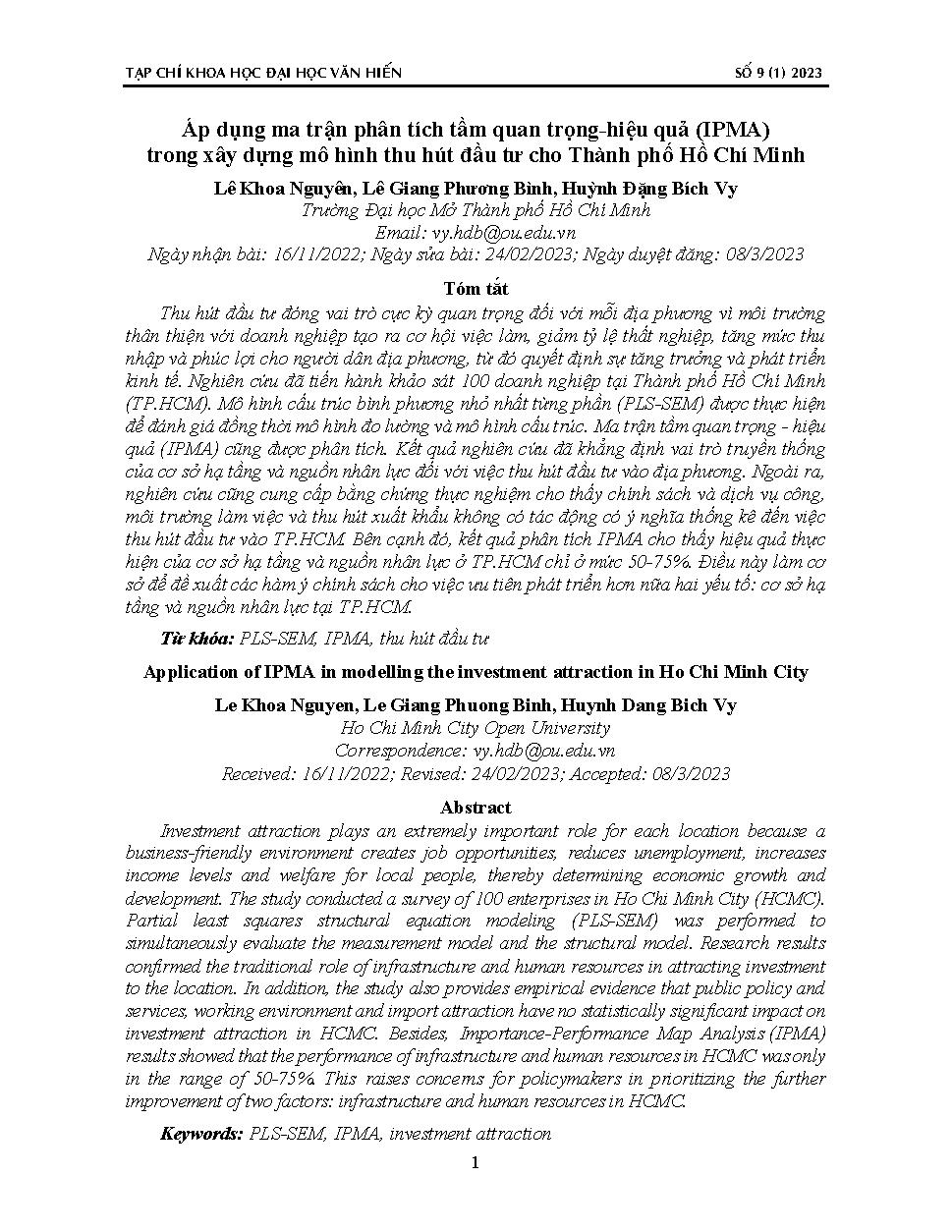 Áp dụng ma trận phân tích tầm quan trọng-hiệu quả (IPMA) trong xây dựng mô hình thu hút đầu tư cho Thành phố Hồ Chí Minh = Application of IPMA in modelling the investment attraction in Ho Chi Minh City
