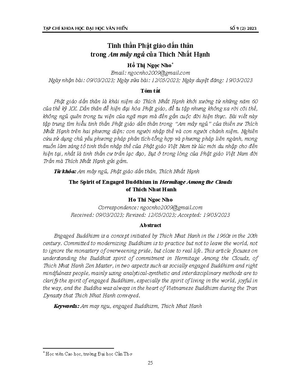 Tinh thần Phật giáo dấn thân trong Am mây ngủ của Thích Nhất Hạnh = The spirit of engaged Buddhism in hermitage among the clouds of Thich Nhat Hanh