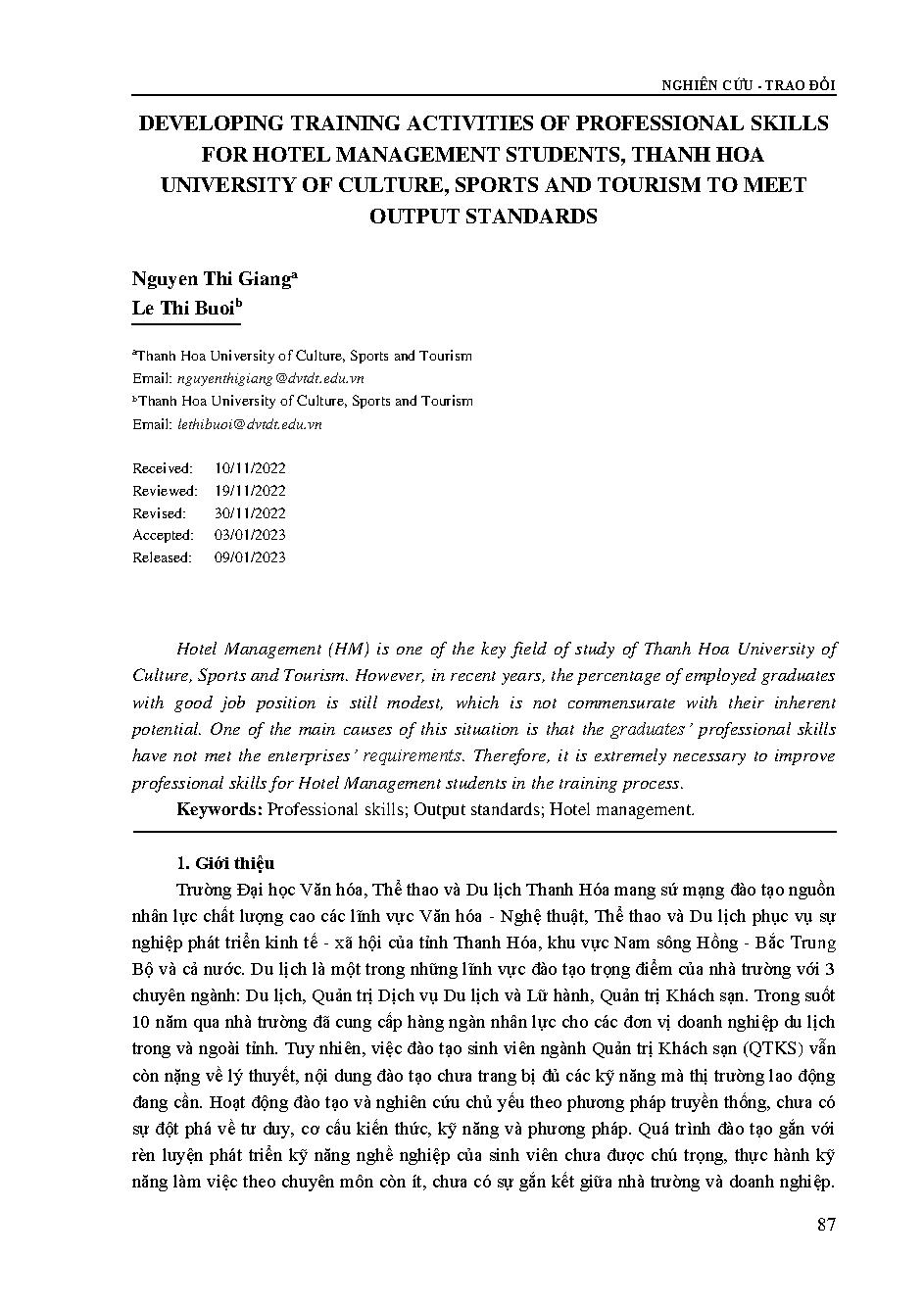 Phát triển hoạt động đào tạo kỹ năng nghề cho sinh viên ngành quản trị khách sạn, trường Đại học Văn hóa, Thể thao và Du lịch Thanh Hóa đáp ứng chuẩn đầu ra = Developing training activities of professional skills for hotel management students, Thanh Hoa U