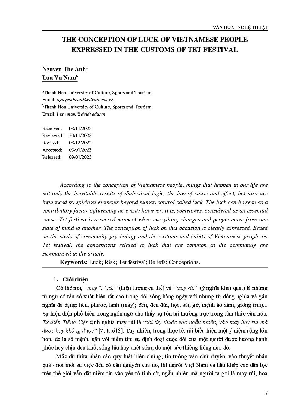 Quan niệm về may - rủi của người Việt qua phong tục lễ Tết = The conception of luck of Vietnamese people expressed in the customs of Tet festival