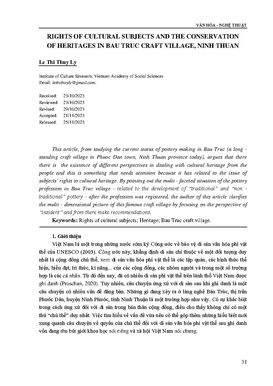 Quyền của chủ thể văn hóa và câu chuyện bảo tồn, phát triển di sản ở làng nghề gốm Bàu Trúc, Ninh Thuận = Rights of cultural subjects and the conservation of heritages in Bau Truc craft village, Ninh Thuan