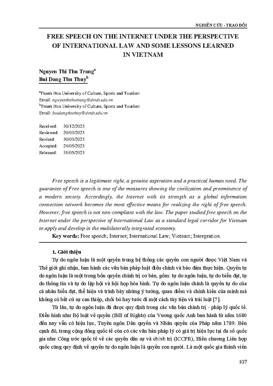Tự do ngôn luận trên internet nhìn từ góc độ pháp luật quốc tế và một số kinh nghiệm cho Việt Nam = free speech on the internet under the perspective of international law and some lessons learned in Vietnam