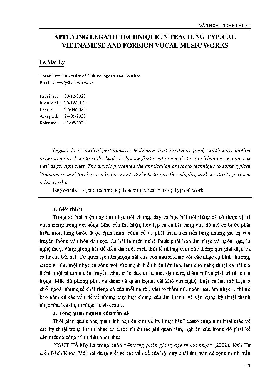 Vận dụng kỹ thuật legato trong dạy hát các tác phẩm Việt Nam và nước ngoài tiêu biểu = Applying legato technique in teaching typical Vietnamese and foreign vocal music works