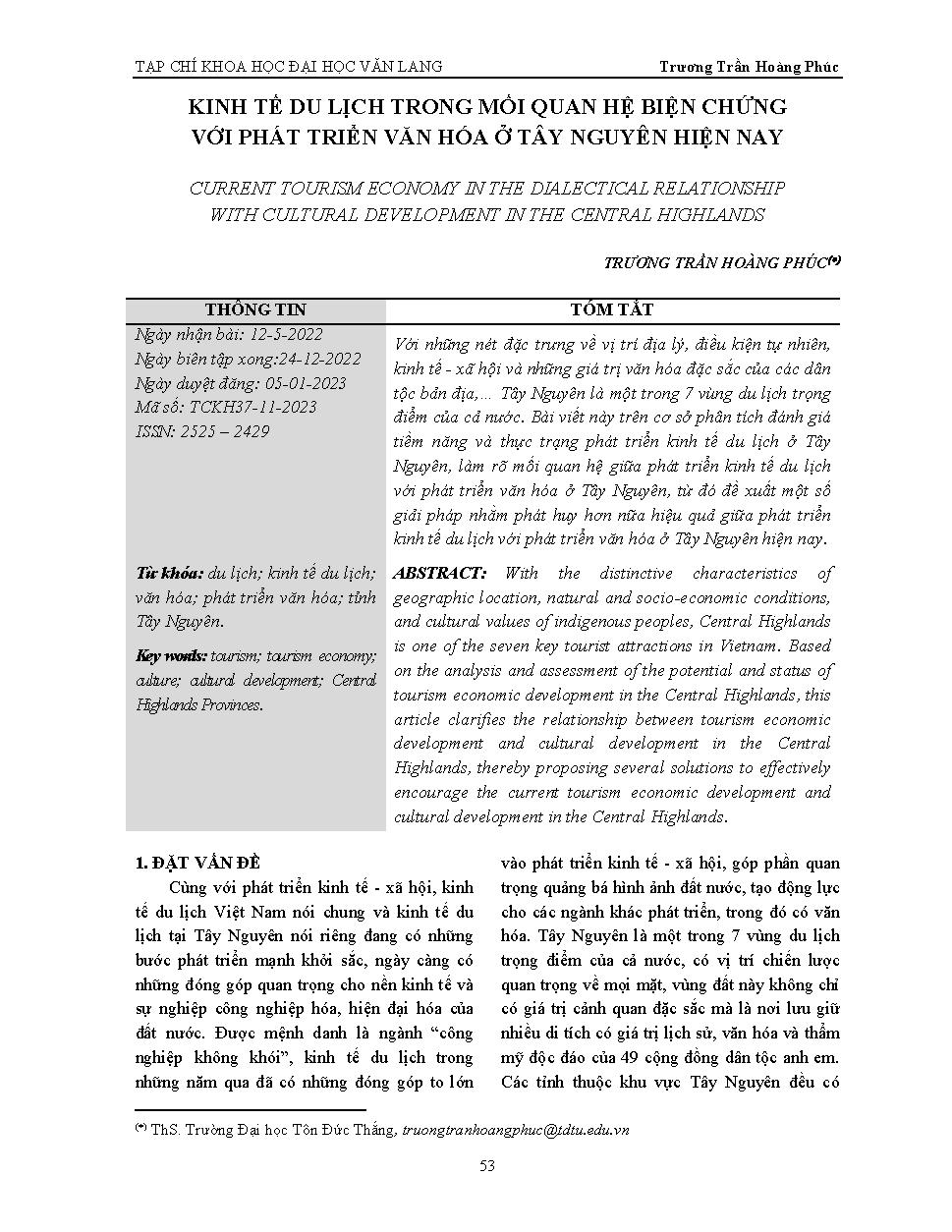 Kinh tế du lịch trong mối quan hệ biện chứng với phát triển văn hóa ở Tây Nguyên hiện nay = Current tourism economy in the dialectical relationship with cultural development in the Central Highlands