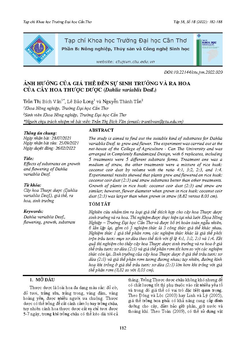 Ảnh hưởng của giá thể đến sự sinh trưởng và ra hoa của cây hoa thược dược (Dahlia variablis Desf.) = Effects of substrates on growth and flowering of Dahlia variablis Desf