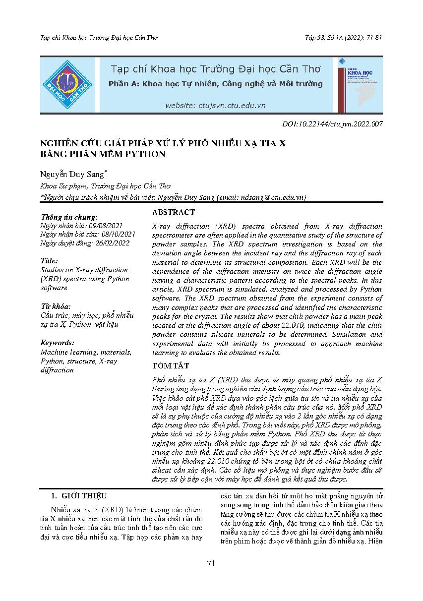 Nghiên cứu giải pháp xử lý phổ nhiễu xạ tia X bằng phần mềm python = Studies on X-ray diffraction (XRD) spectra using Python software
