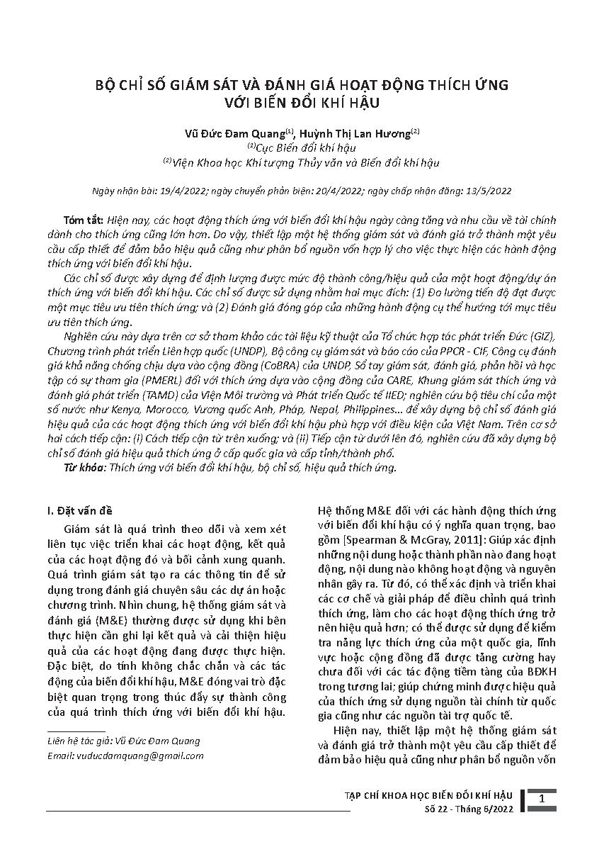 Bộ chỉ số giám sát và đánh giá hoạt động thích ứng với biến đổi khí hậu = Set of indicators for monitoring and evaluating climate change adaptation activities