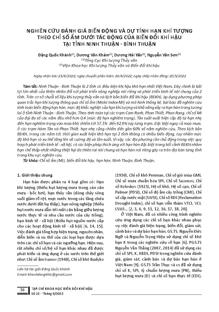 Nghiên cứu đánh giá biến động và dự tính hạn khí tượng theo chỉ số ẩm dưới tác động của biến đổi khí hậu tại tỉnh Ninh Thuận - Bình Thuận = Research for value assessment and terms forecast of meteorological drought based on the moisture index under the im