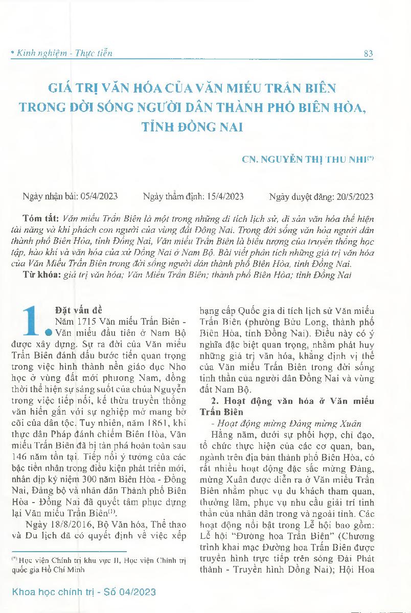 Giá trị văn hóa của Văn Miếu Trấn Biên trong đời sống người dân thành phố Biên Hòa, tỉnh Đồng Nai