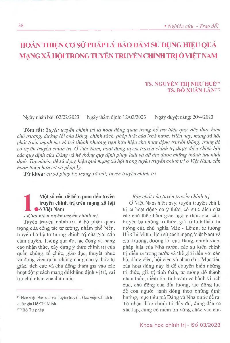 Hoàn thiện cơ sở pháp lý bảo đảm sử dụng hiệu quả mạng xã hội trong tuyên truyền chính trị ở Việt Nam