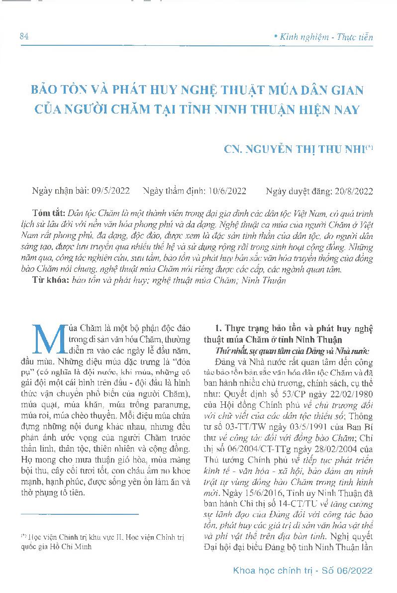 Bảo tồn và phát huy nghệ thuật múa dân gian của người Chăm tại tỉnh Ninh Thuận hiện nay