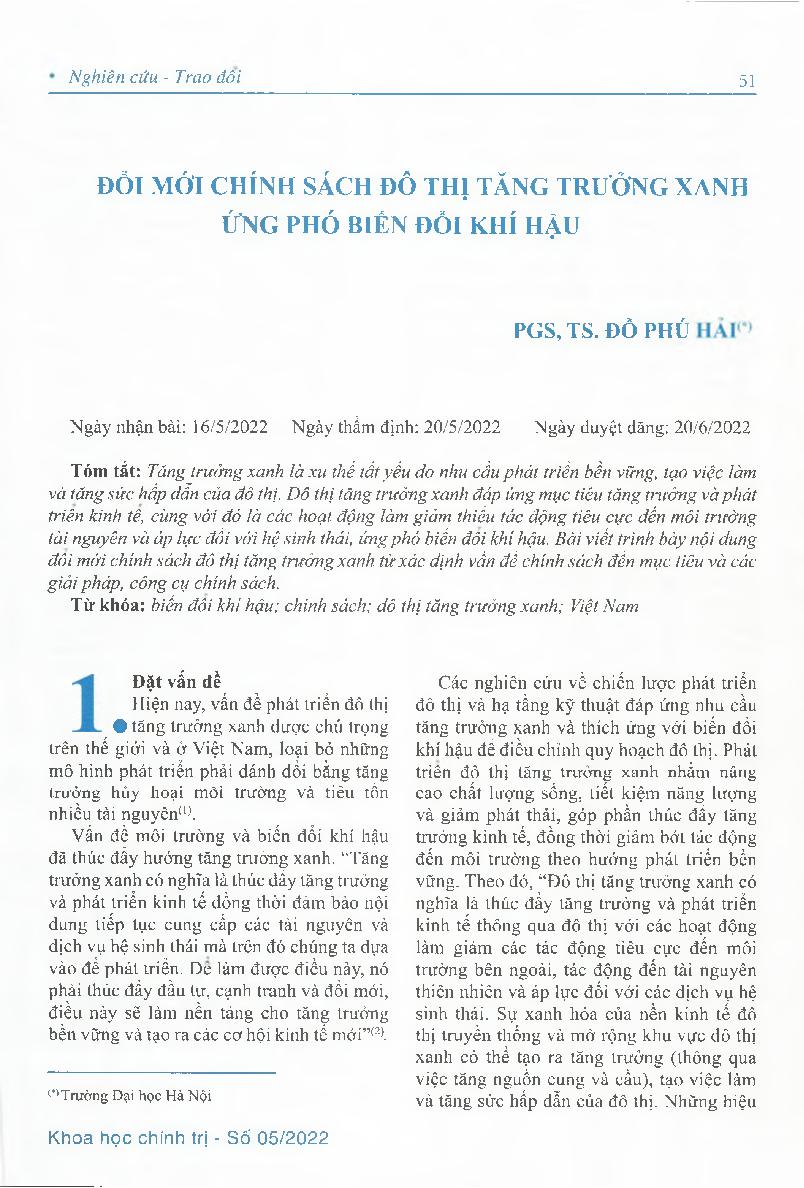 Đổi mới chính sách đô thị tăng trưởng xanh ứng phó biến đổi khí hậu = Innovating green growth urban policies to respond to climate change