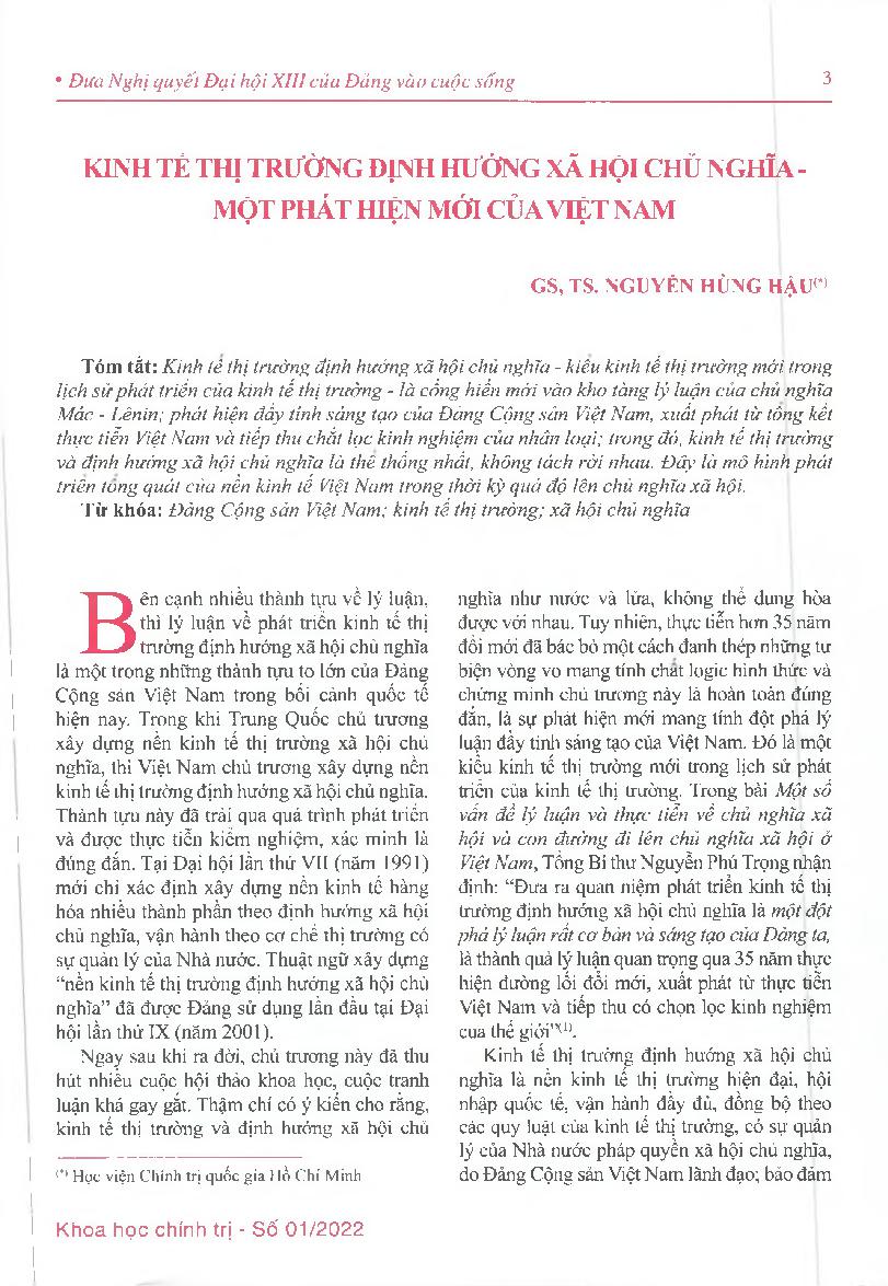 Kinh tế thị trường định hướng xã hội chủ nghĩa - một phát hiện mới của Việt Nam = Market economy and socialist orientation - a new discovery of Vietnam