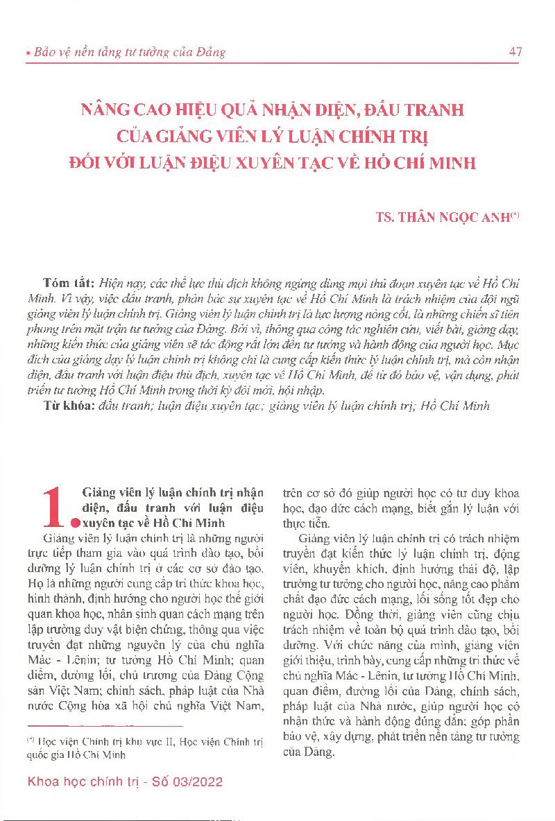 Nâng cao hiệu quả nhận diện, đấu tranh của giảng viên lý luận chính trị đối với luận điệu xuyên tạc về Hồ Chí Minh = Improve the effectiveness of identification and struggle of political theory lecturers against distorted claims about Ho Chi Minh
