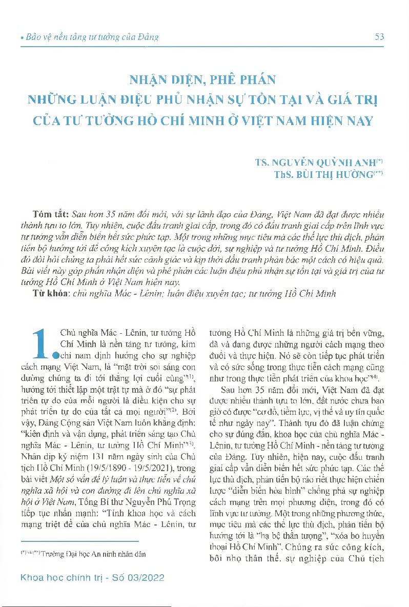 Nhận diện, phê phán những luận điệu phủ nhận sự tồn tại và giá trị của tư tưởng Hồ Chí Minh ở Việt Nam hiện nay = Identifying and criticizing claims that deny the existence and value of Ho Chi Minh's thought in Vietnam today
