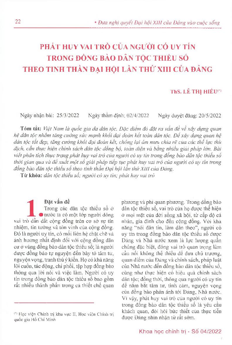 Phát huy vai trò của người có uy tín trong đồng bào dân tộc thiểu số theo tinh thần Đại hội lần thứ XIII của Đảng = Promoting the role of reputable people among ethnic minorities in the spirit of the 13th Party Congress