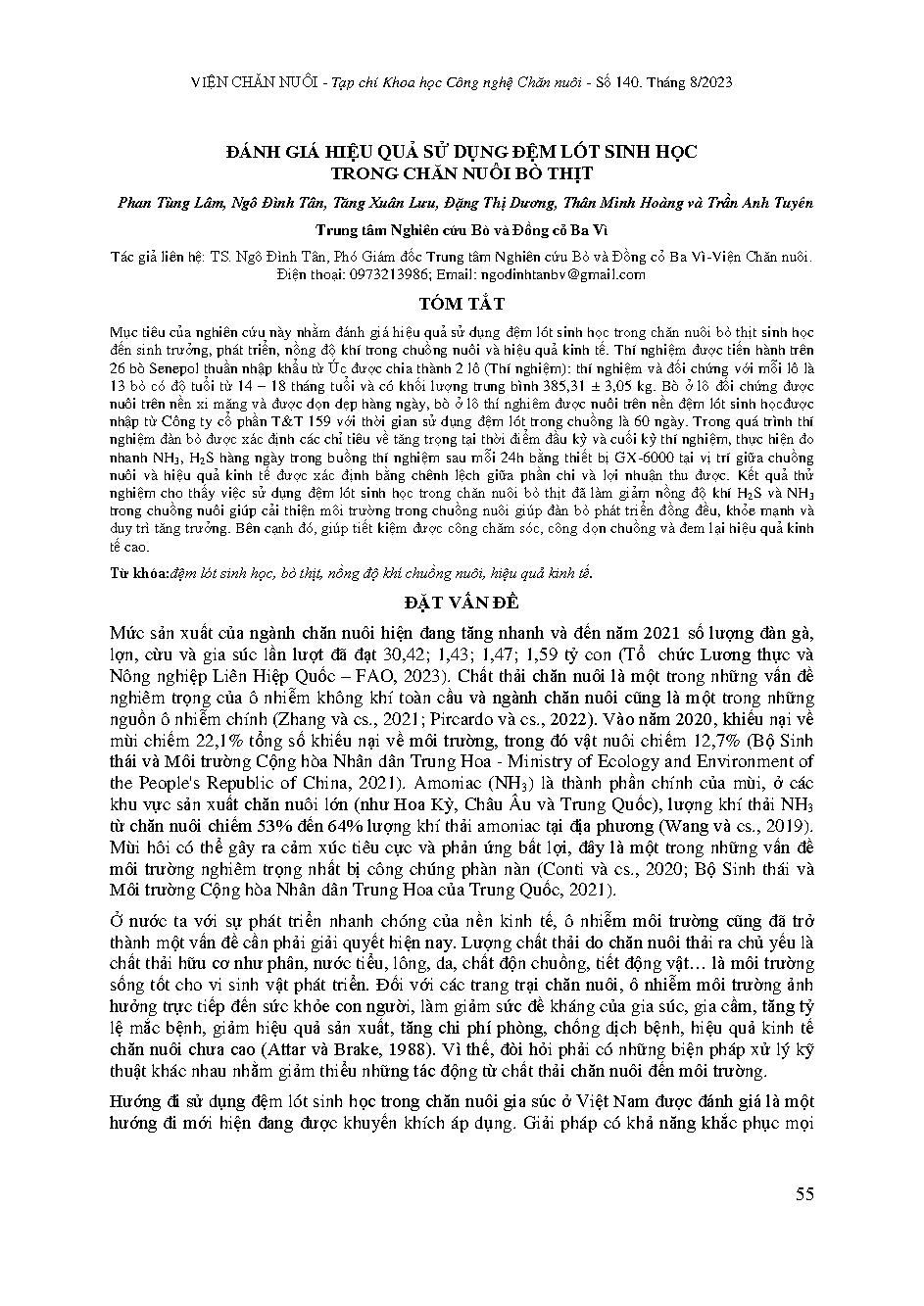 Đánh giá hiệu quả sử dụng đệm lót sinh học trong chăn nuôi bò thịt = Evaluating the effectiveness of using biological bedding in beef cattle production