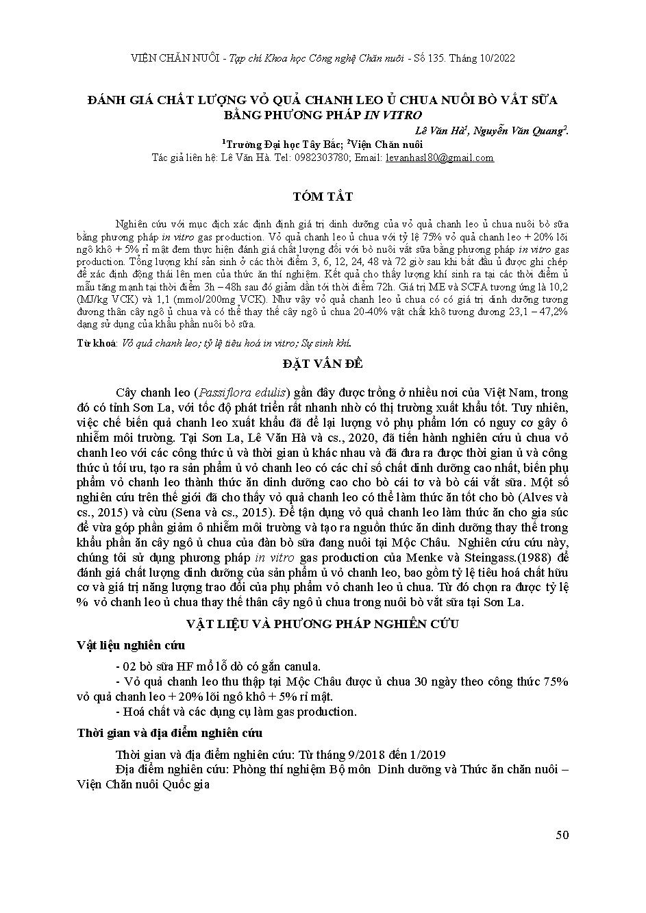 Đánh giá chất lượng của vỏ quả chanh leo ủ chua nuôi bò vắt sữa bằng phương pháp in vitro = Assessment of the quality of the the nutritional values of the leades of the growth of license in currently feeding directors by in vitro method