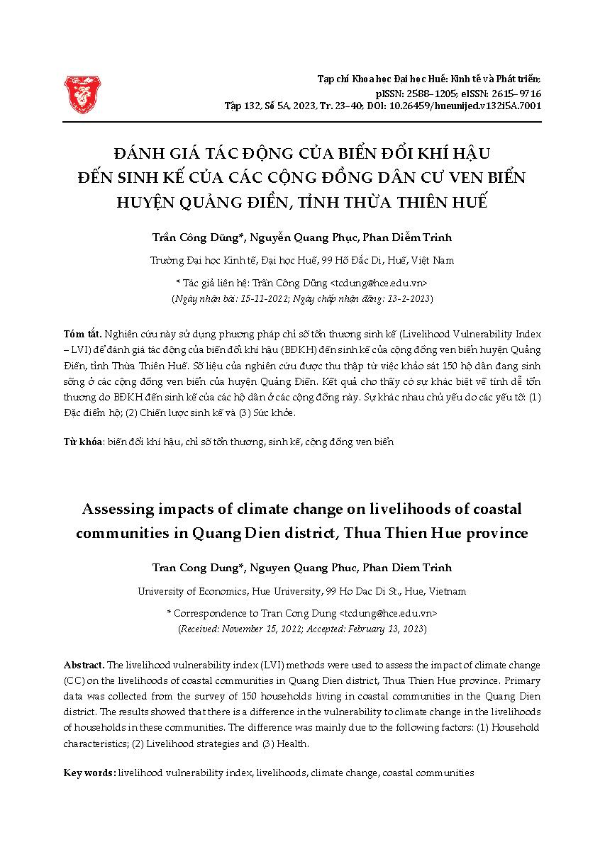 Đánh giá tác động của biển đổi khí hậu đến sinh kế của các cộng đồng dân cư ven biển huyện Quảng Điền, tỉnh Thừa Thiên Huế = Assessing impacts of climate change on livelihoods of coastal communities in Quang Dien district, Thua Thien Hue province