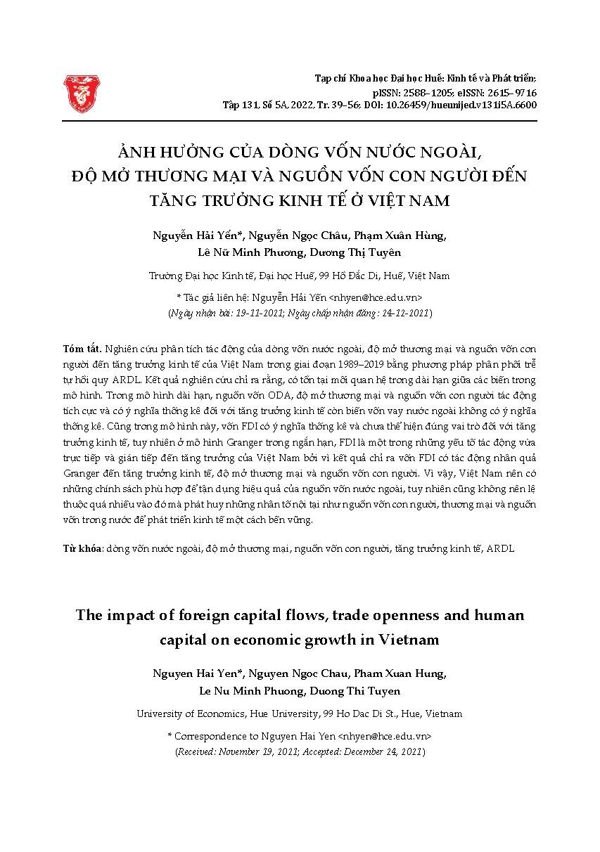 Ảnh hưởng của dòng vốn nước ngoài, độ mở thương mại và nguồn vốn con người đến tăng trưởng kinh tế ở Việt Nam = The impact of foreign capital flows, trade openness and human capital on economic growth in Vietnam