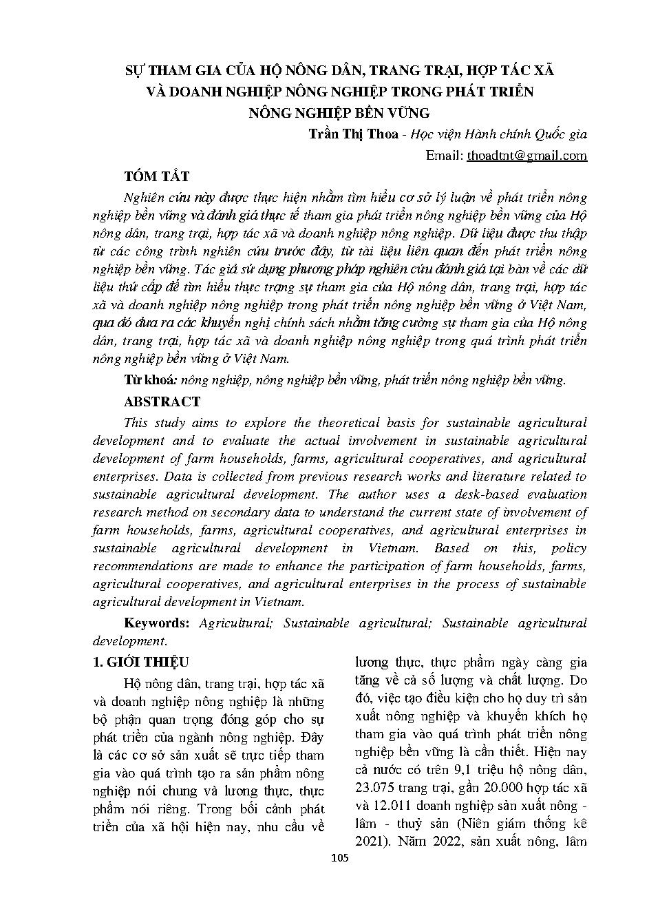 Sự tham gia của hộ nông dân, trang trại, hợp tác xã và doanh nghiệp nông nghiệp trong phát triển nông nghiệp bền vững