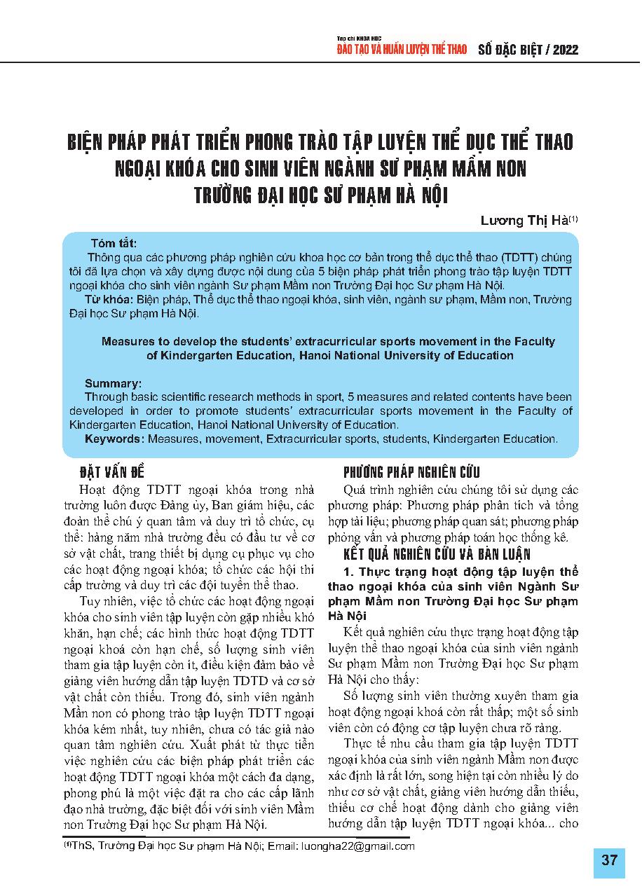 Biện pháp phát triển phong trào tập luyện Thể dục thể thao ngoại khóa cho sinh viên Ngành Sư phạm Mầm non Trường Đại học Sư phạm Hà Nội = Measures to develop the students’ extracurricular sports movement in the Faculty of Kindergarten Education, Hanoi Nat