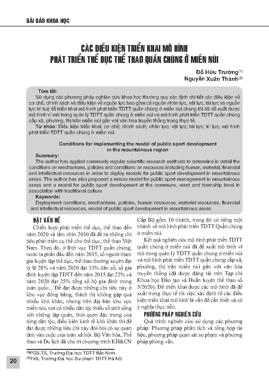 Các điều kiện triển khai mô hình phát triển thể dục thể thao quần chúng ở miền núi = Conditions for implementing the model of public sport development in the mountainous region