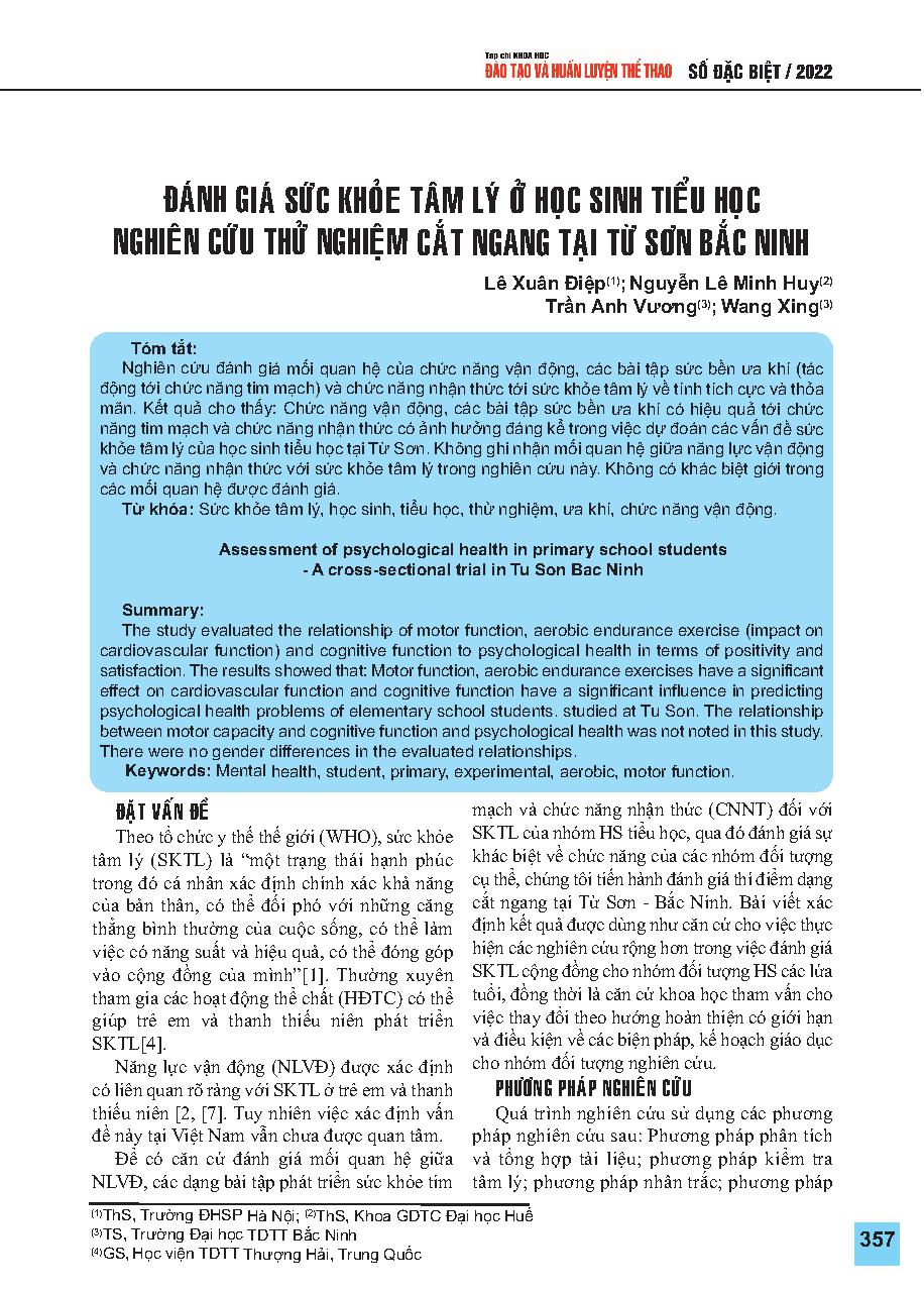 Đánh giá sức khỏe tâm lý ở học sinh tiểu học - Nghiên cứu thử nghiệm cắt ngang tại Từ Sơn, Bắc Ninh = Assessment of psychological health in primary school students - A cross-sectional trial in Tu Son Bac Ninh