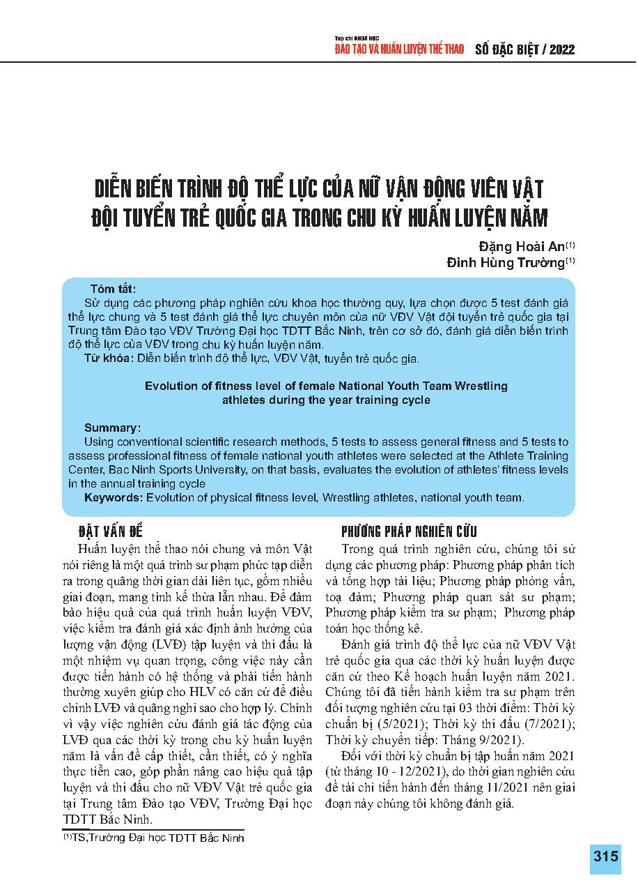 Diễn biến trình độ thể lực của nữ vận động viên Vật Đội tuyển trẻ quốc gia trong chu kỳ huấn luyện năm = Evolution of fitness level of female National Youth Team Wrestling athletes during the year training cycle