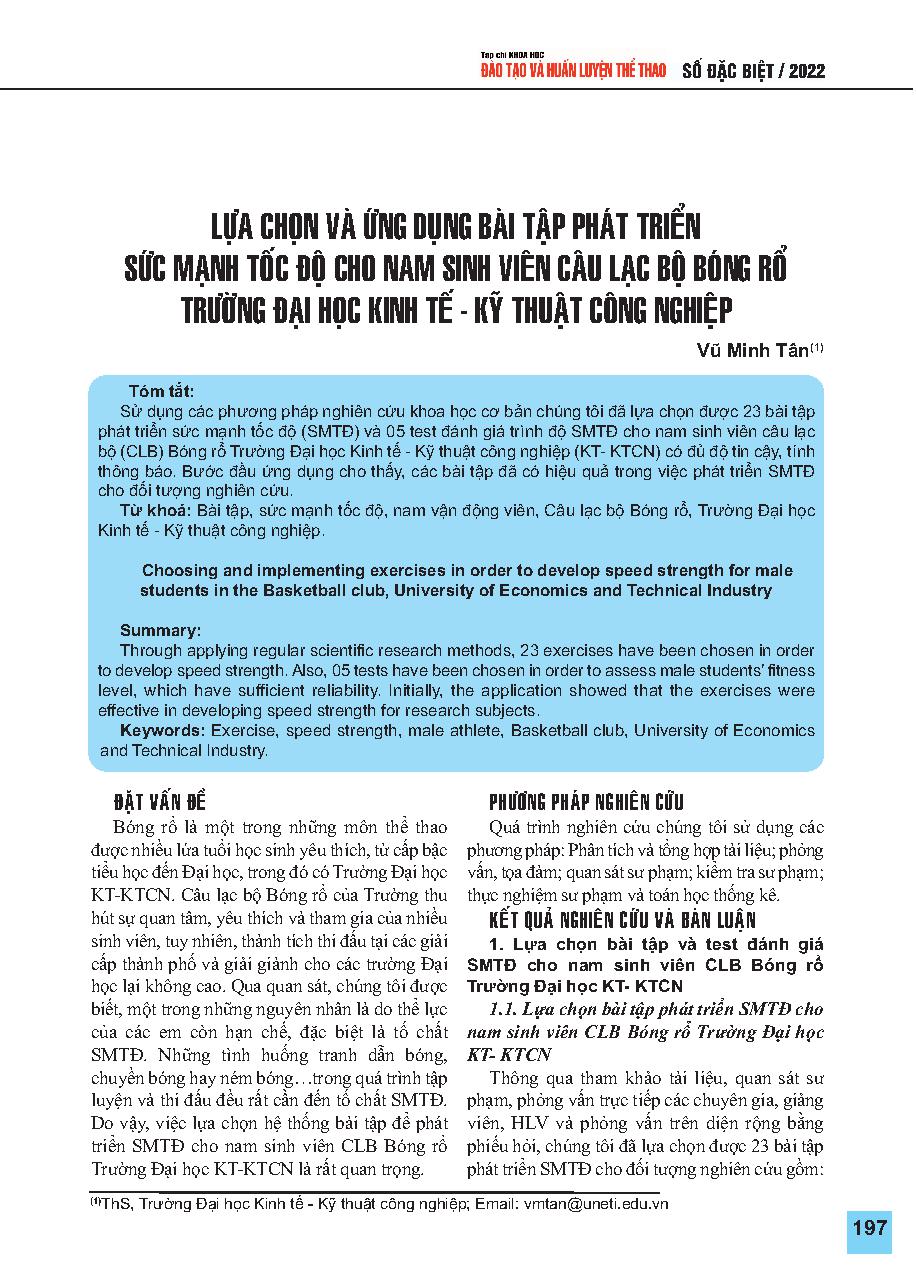 Lựa chọn và ứng dụng bài tập phát triển sức mạnh tốc độ cho nam sinh viên Câu lạc bộ Bóng rổ Trường Đại học Kinh tế - Kỹ thuật công nghiệp = Choosing and implementing exercises in order to develop speed strength for male students in the Basketball club, U