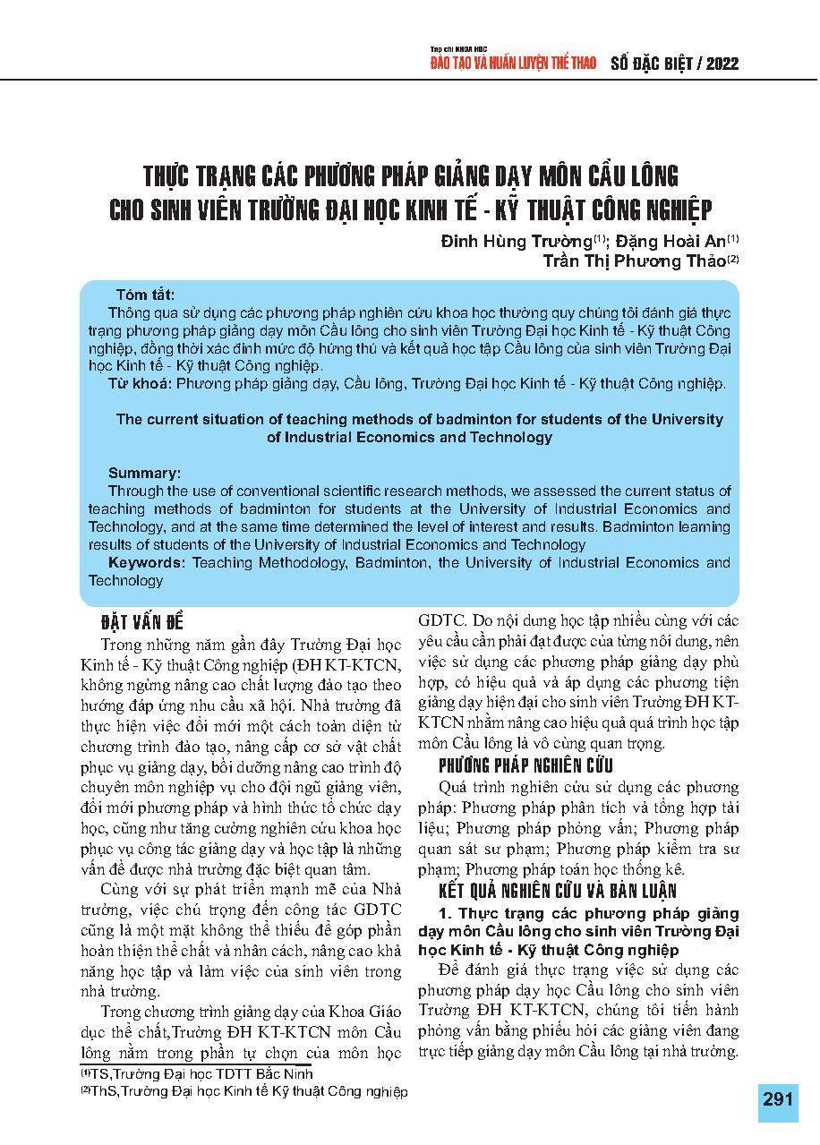 Thực trạng các phương pháp giảng dạy môn Cầu lông cho sinh viên Trường Đại học Kinh tế kỹ thuật công nghiệp = The current situation of teaching methods of badminton for students of the University of Industrial Economics and Technology