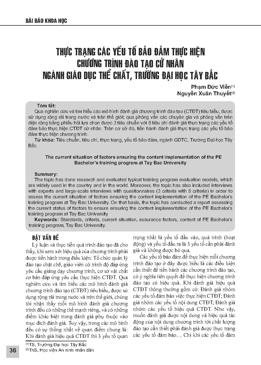 Thực trạng các yếu tố bảo đảm thực hiện nội dung chương trình đào tạo cử nhân ngành giáo dục thể chất, Trường Đại học Tây Bắc = The current situation of factors ensuring the content implementation of the PE Bachelor's training program at Tay Bac Unive
