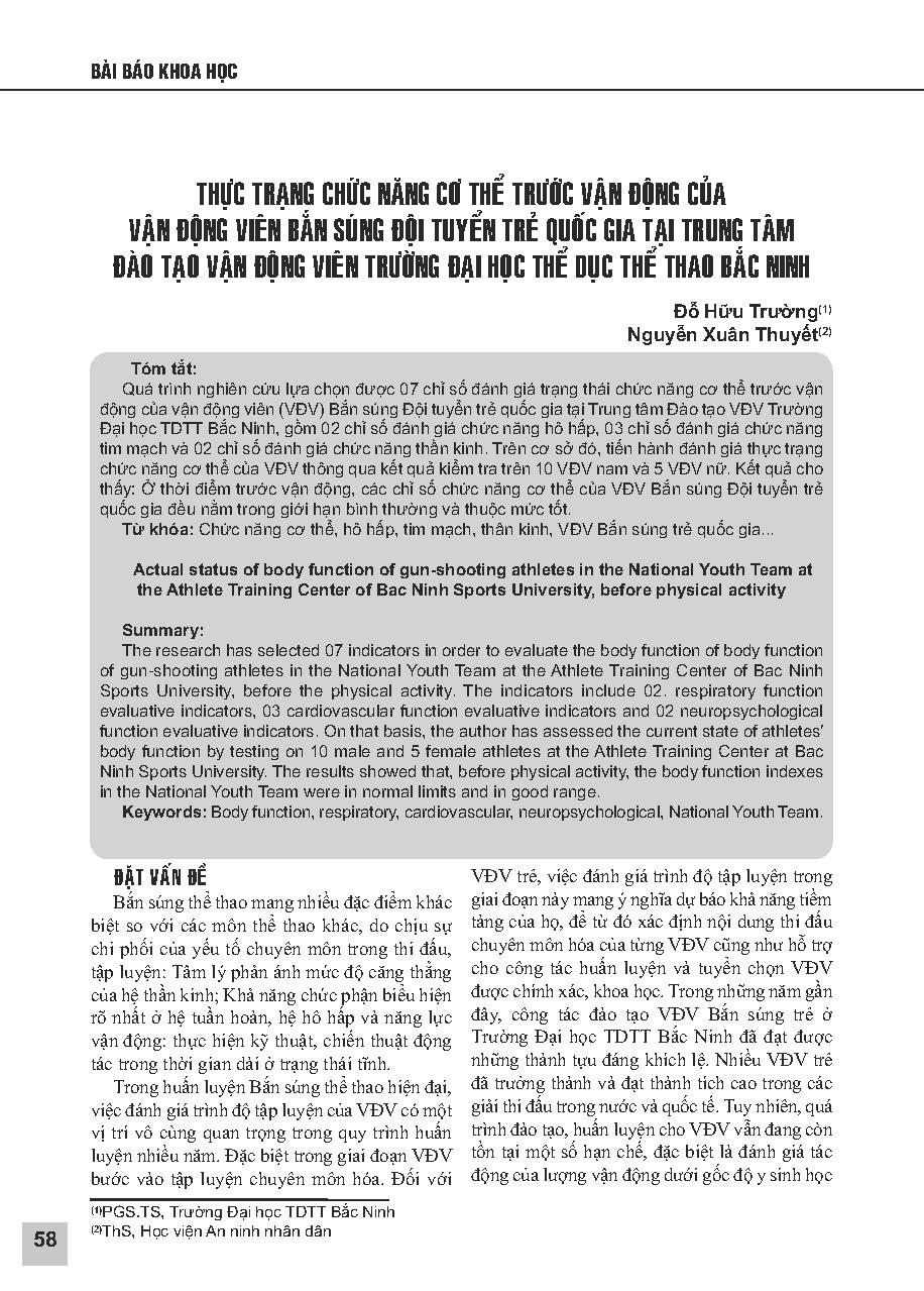 Thực trạng chức năng cơ thể của vận động viên Bắn súng đội tuyển trẻ Quốc gia tại Trung tâm Đào tạo vận động viên Trường Đại học Thể dục thể thao Bắc Ninh, thời điểm trước vận động = Actual status of body function of gun-shooting athletes in the National 