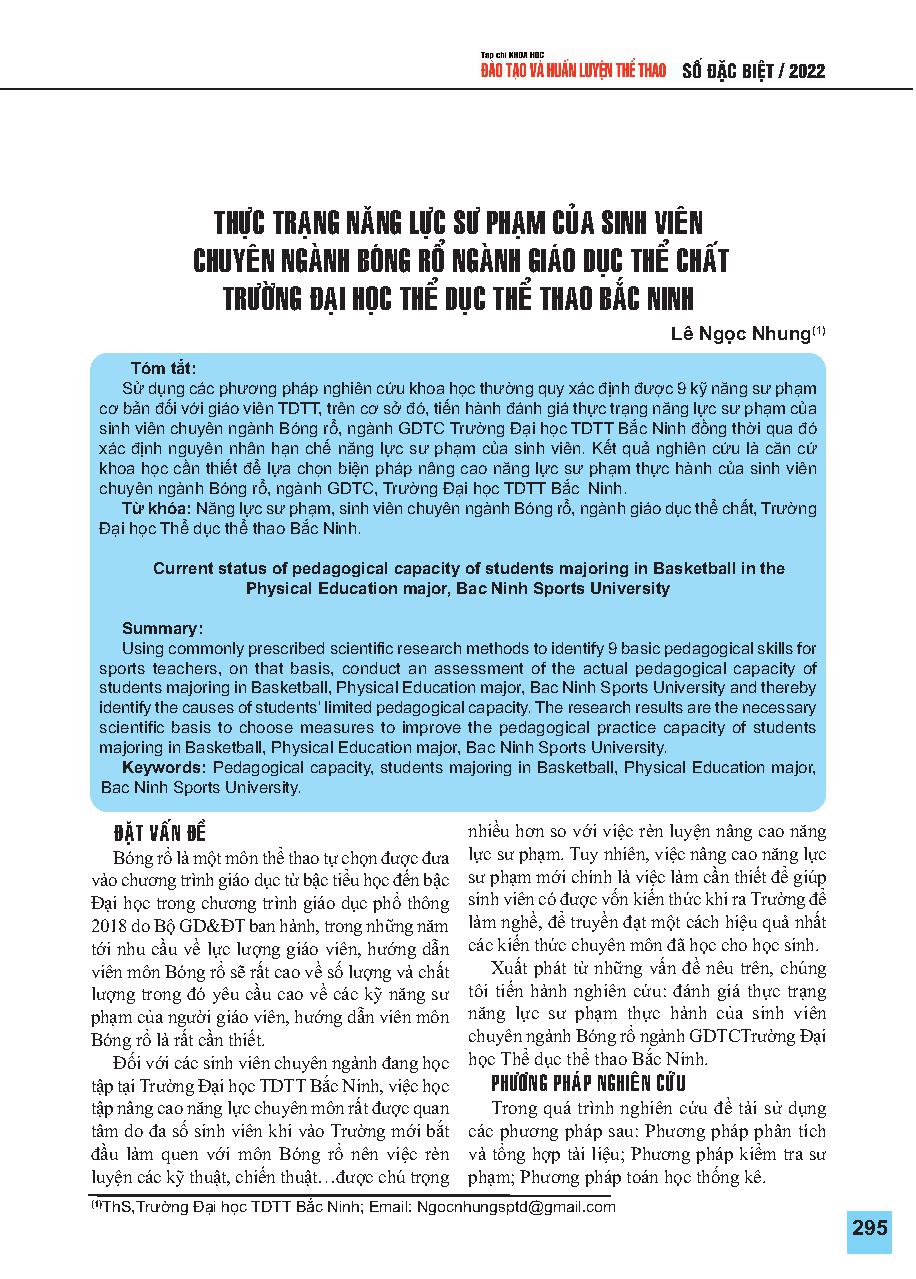 Thực trạng năng lực sư phạm của sinh viên chuyên ngành Bóng rổ ngành Giáo dục thể chất Trường Đại học Thể dục thể thao Bắc Ninh = Current status of pedagogical capacity of students majoring in Basketball in the Physical Education major, Bac Ninh Sports Un