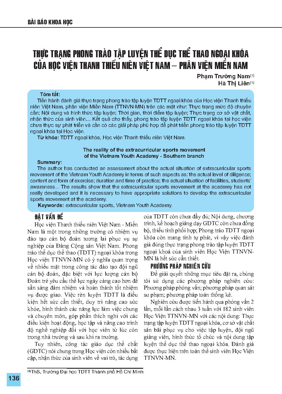 Thực trạng phong trào tập luyện thể dục thể thao ngoại khóa của Học viện Thanh thiếu niên Việt Nam – phân viện Miền Nam = The reality of the extracurricular sports movement of the Vietnam Youth Academy - Southern branch