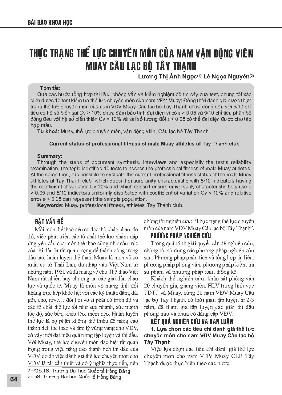 Thực trạng thể lực chuyên môn của nam vận động viên Muay câu lạc bộ Tây Thạnh = Current status of professional fitness of male Muay athletes of Tay Thanh club