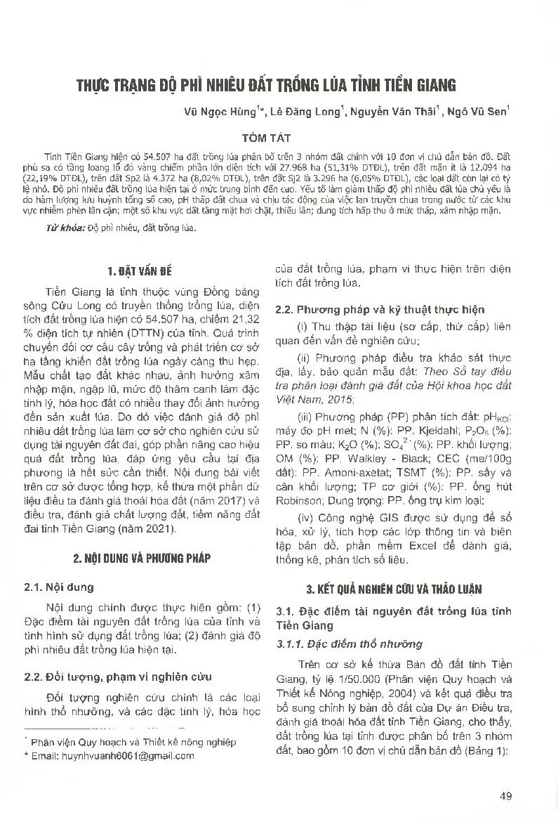 Thực trạng độ phi nhiêu đất trồng lúa tỉnh Tiền Giang = The situation of rice cultivation soil fertility in Tien Giang province
