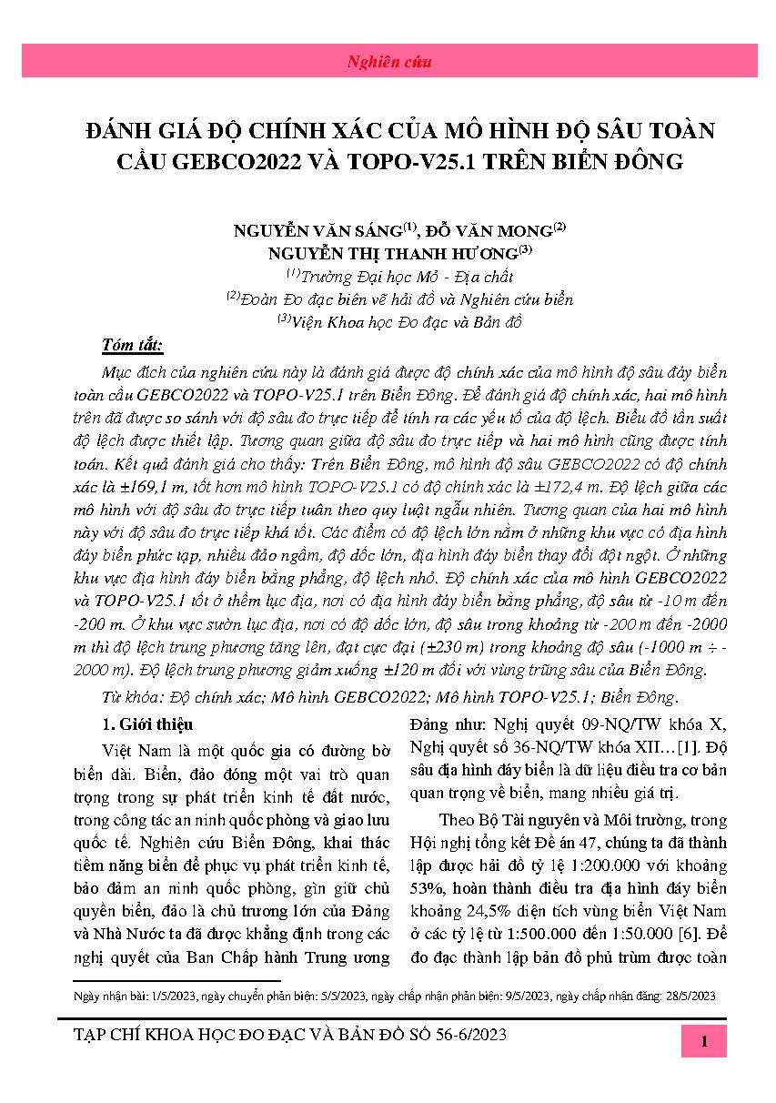 Đánh giá độ chính xác của mô hình độ sâu toàn cầu GEBCO2022 và TOPO-V25.1 trên biển Đông