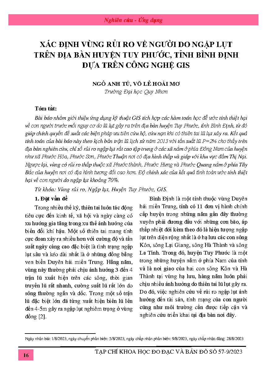 Xác định vùng rủi ro về người do ngập lụt trên địa bàn huyện Tuy Phước, tỉnh Bình Định dựa trên công nghệ GIS = GIS application for assessment of flood risk for humans in Tuy Phuoc district of Binh Dinh province
