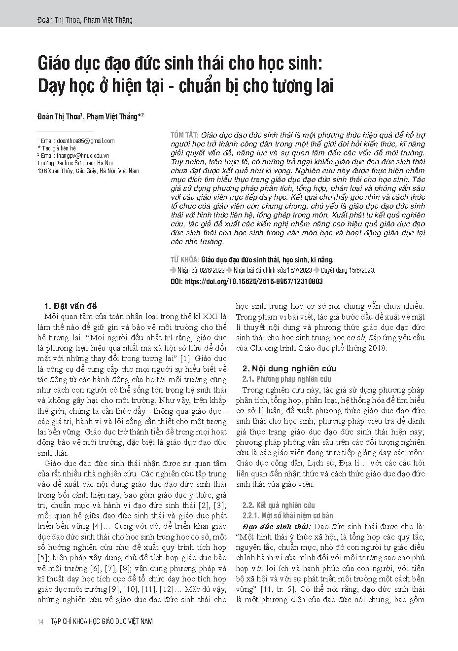 Giáo dục đạo đức sinh thái cho học sinh: Dạy học ở hiện tại - chuẩn bị cho tương lai = Eco-ethical education: teaching in the present - preparing for future