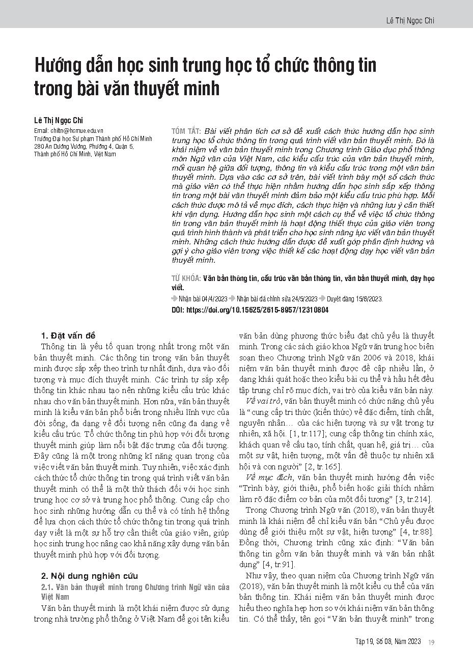 Hướng dẫn học sinh trung học tổ chức thông tin trong bài văn thuyết minh = Instruction for high school students to organize information in expository text