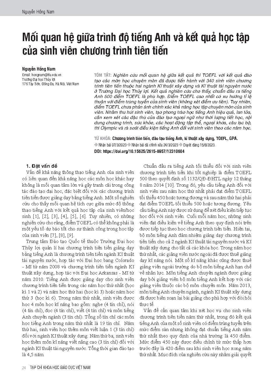 Mối quan hệ giữa trình độ tiếng Anh và kết quả học tập của sinh viên chương trình tiên tiến = The relationship between english proficiency and academic performance of advanced program students