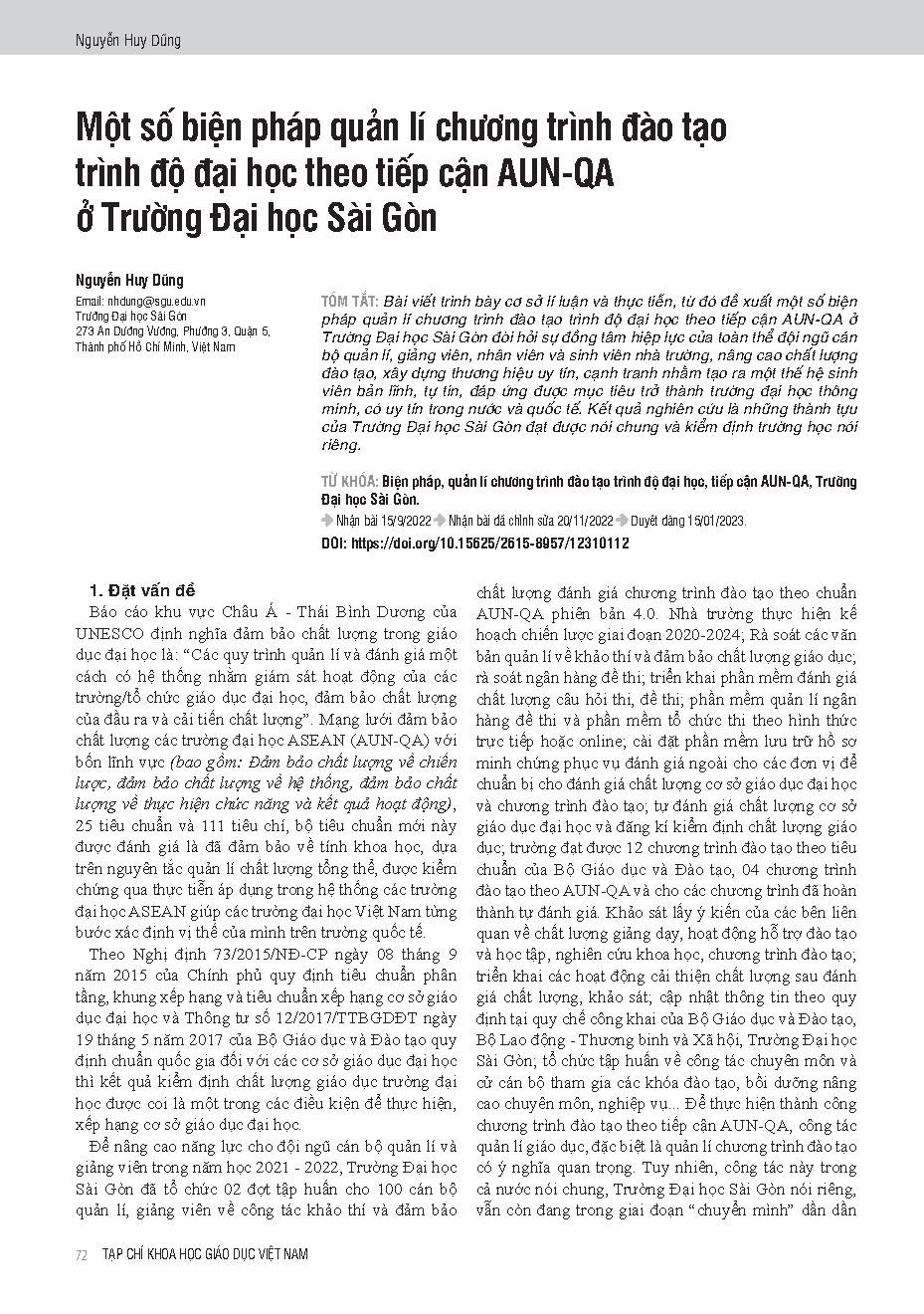 Một số biện pháp quản lí chương trình đào tạo trình độ đại học theo tiếp cận AUN-QA ở Trường Đại học Sài Gòn = Some measures to manage the university training programs according to aun-qa approach at saigon university